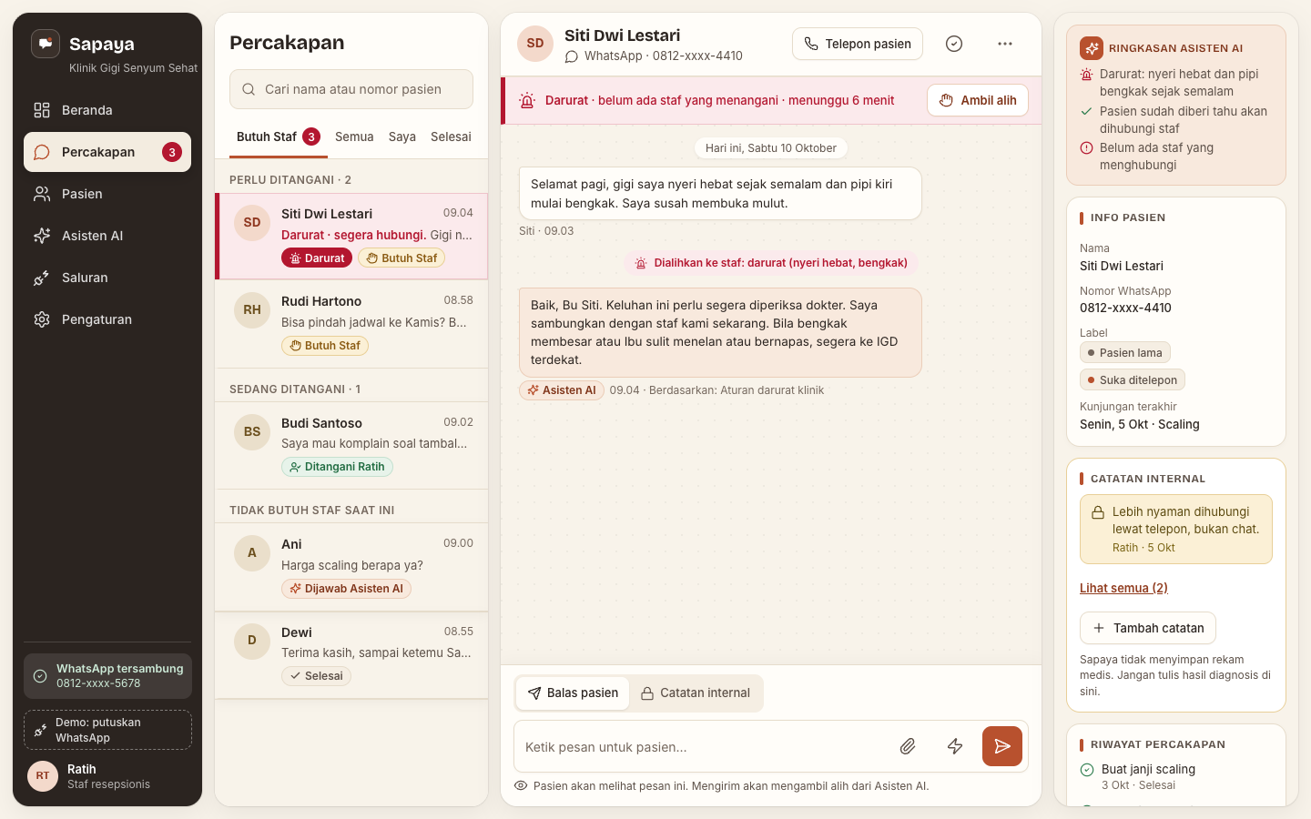 Rancangan tampilan inbox Sapaya: daftar percakapan pasien, balasan Asisten AI berlabel, dan ringkasan di sisi kanan